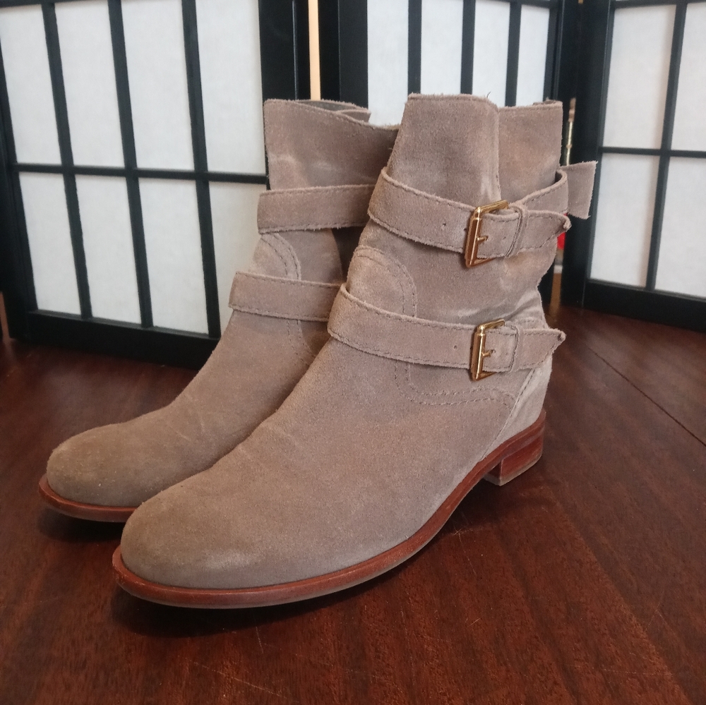 Kate Spade Sabina Tan Suede Double Buckle Ankle Boots Size 8M Amazing Condition!